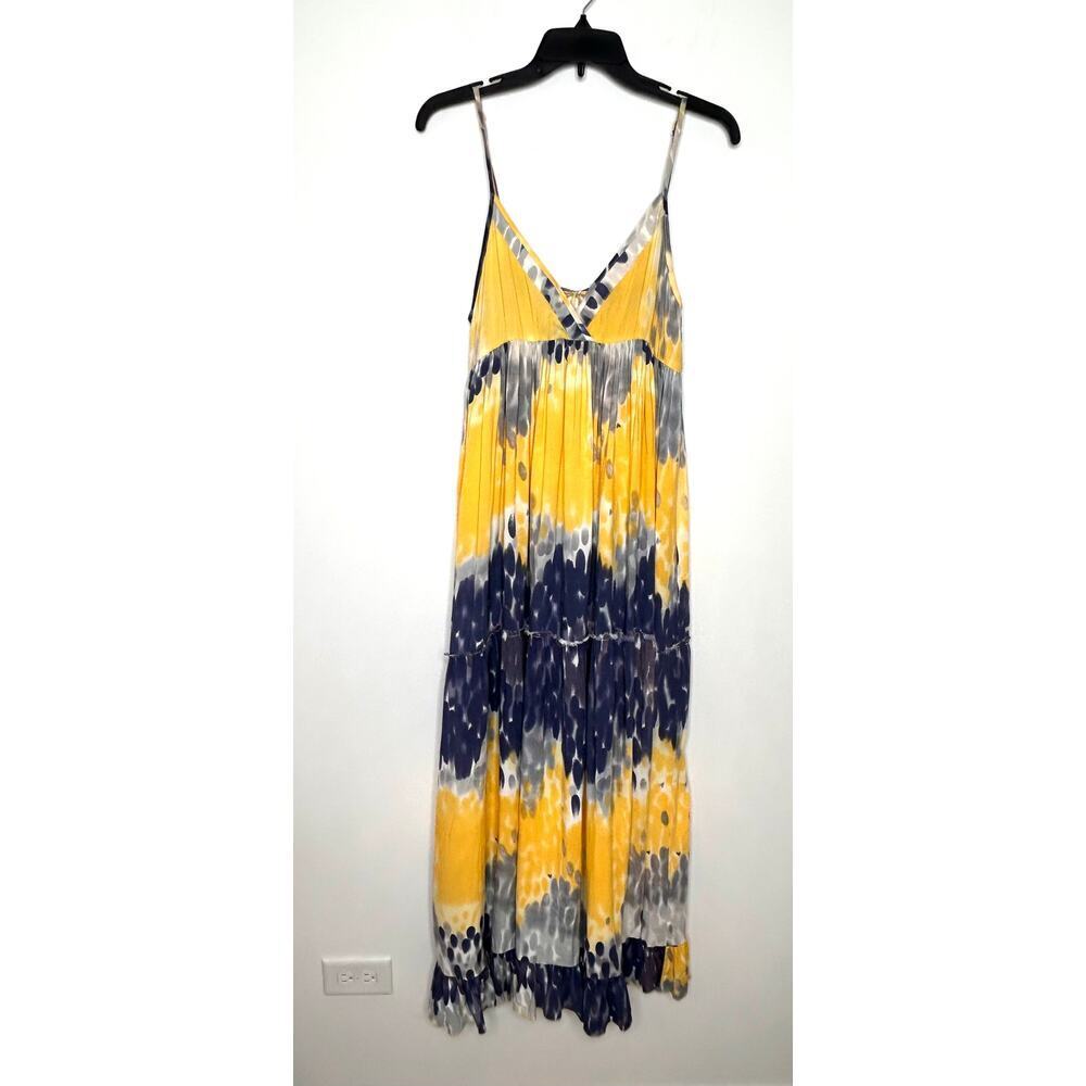 Angie Tie Dye Tiered Maxi Dress Sz L Blue Yellow Adj Strap Boho Hippie Festival